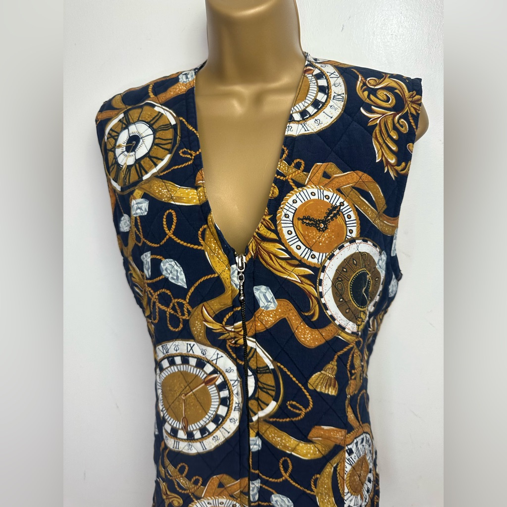 August Silk Blue Vintage 100 Silk Quilted Ropes Clocks Time Zip Front Vest 6